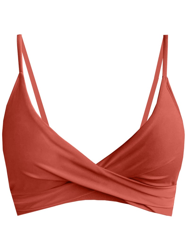 Balasami Women's Push Up Sexy V Neck Adjustable Twist Ruched Front Bikini Swimsuit Top Only Rust Red - Image 1